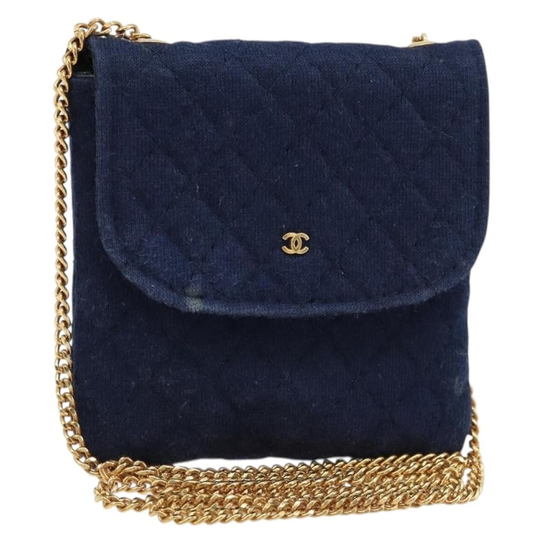 CHANEL CC Cotton Chain Pouch Navy Gold France: CHANEL CC Cotton Chain Pouch Navy Gold France Authentic CHANEL chain pouch in navy cotton with gold-tone accents. This women's pouch is made in France and features a compact silhouette with chain stra