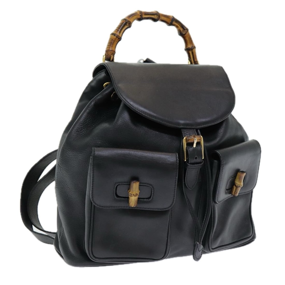 Gucci Bamboo Black Leather Backpack Made in Italy: Gucci Bamboo Black Leather Backpack Made in Italy Black leather backpack in a Bamboo style, made in Italy. The item is described as heavily used with visible rubbing, surface distortion, scratches on 