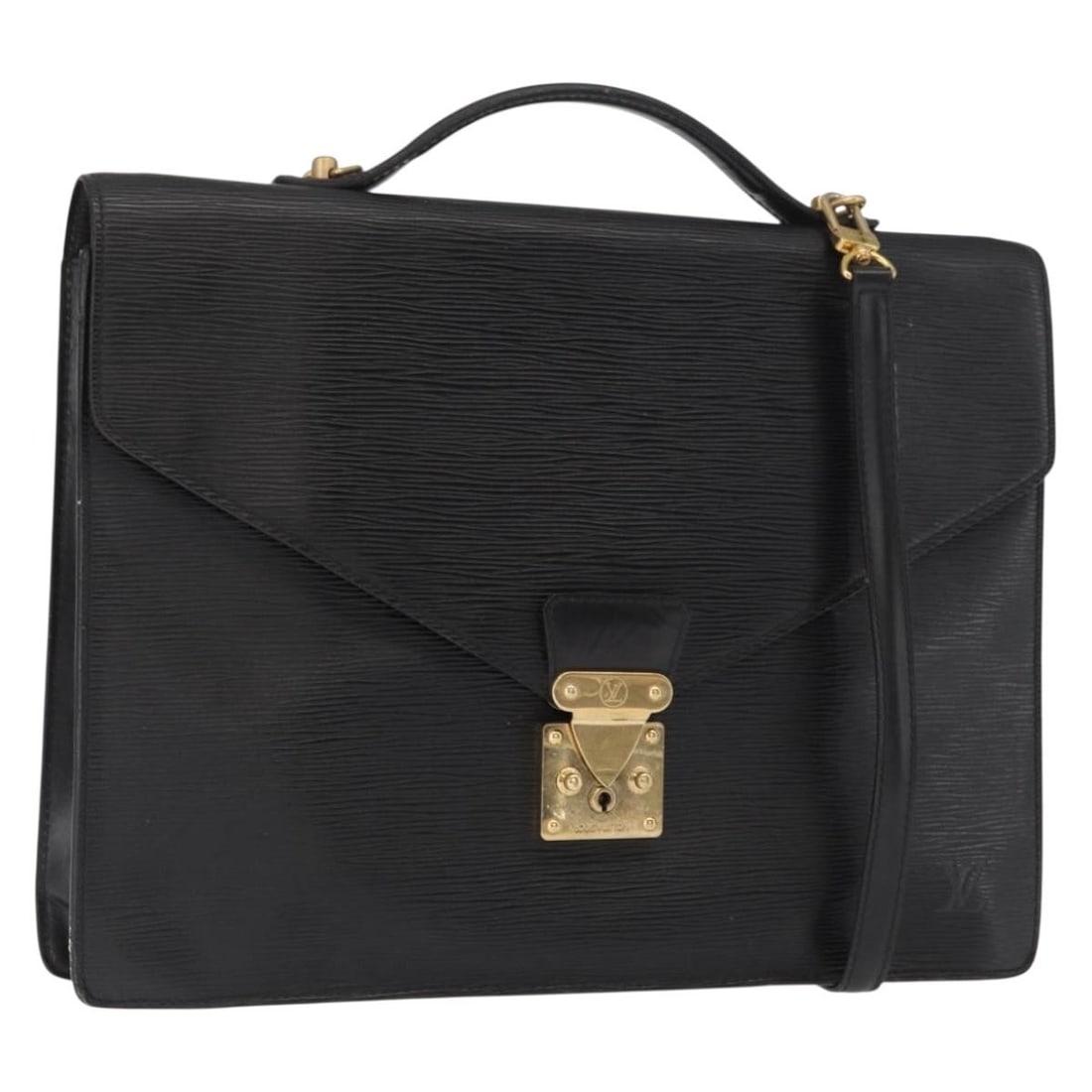 Epi Leather Black Briefcase with Shoulder Strap Louis Vuitton M54462: Epi Leather Black Briefcase with Shoulder Strap Louis Vuitton M54462 This Louis Vuitton Epi Porte Documents Bandouliere briefcase is crafted from signature black Epi leather and features a structured 