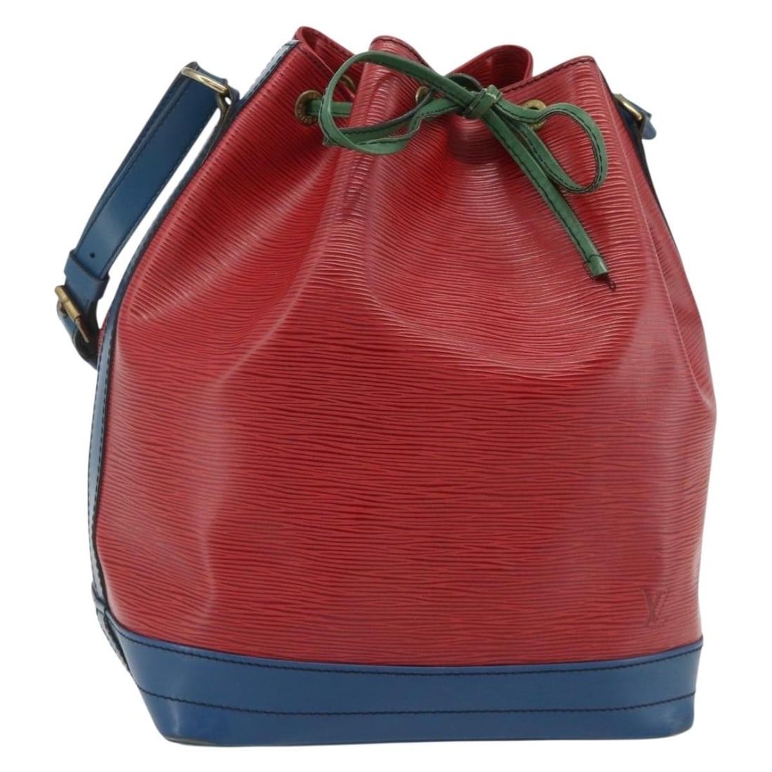 Louis Vuitton Epi Leather Noe Tricolor Shoulder Bag M44084: Louis Vuitton Epi Leather Noe Tricolor Shoulder Bag M44084 This Louis Vuitton Epi Noe Shoulder Bag features a striking tricolor design in red and blue Epi leather. Designed for women, the bag offers a