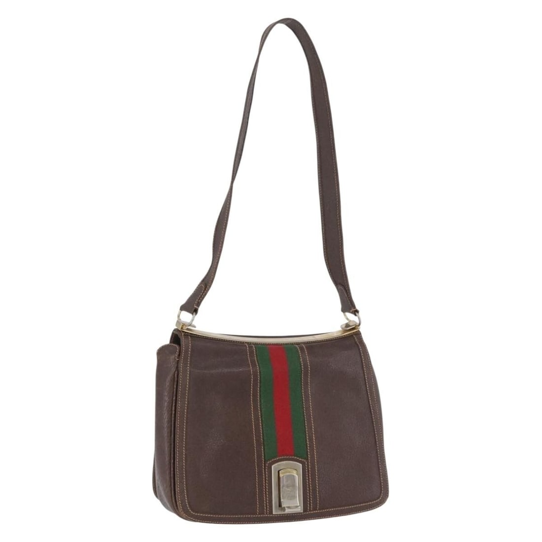 Gucci Sherry Web Brown Leather Shoulder Bag Gold Accents Italy: Gucci Sherry Web Brown Leather Shoulder Bag Gold Accents Italy This Gucci Web Sherry Line shoulder bag is crafted from brown leather with gold accents. Designed for women, it features a spacious inter
