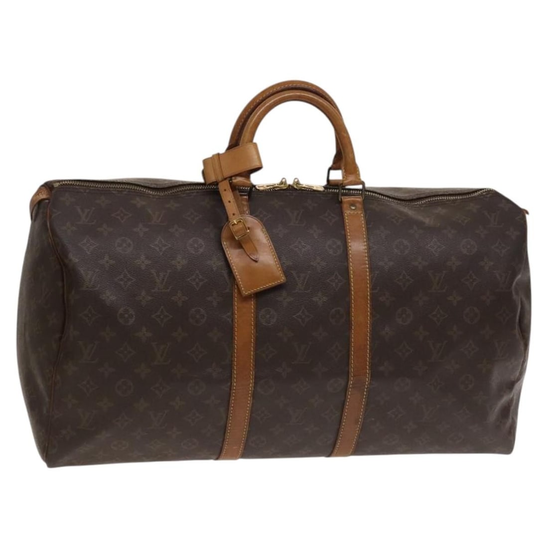Louis Vuitton M41424 Keepall 55 Monogram Canvas Boston Bag: Louis Vuitton M41424 Keepall 55 Monogram Canvas Boston Bag Louis Vuitton Keepall 55 Boston bag in Monogram canvas. This women's travel bag includes a name tag and Powanie. Condition is heavily used, w