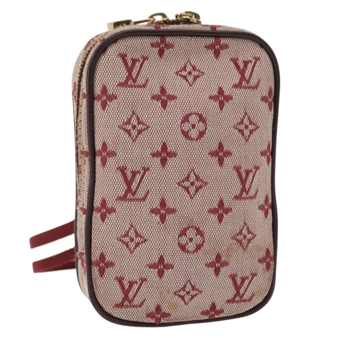 Louis Vuitton M60001 Monogram Mini Red Canvas Digital Pouch: Louis Vuitton M60001 Monogram Mini Red Canvas Digital Pouch Louis Vuitton monogram mini canvas pouch in red, style M60001, made in Spain. The pouch is described as heavily used and shows visible wear,