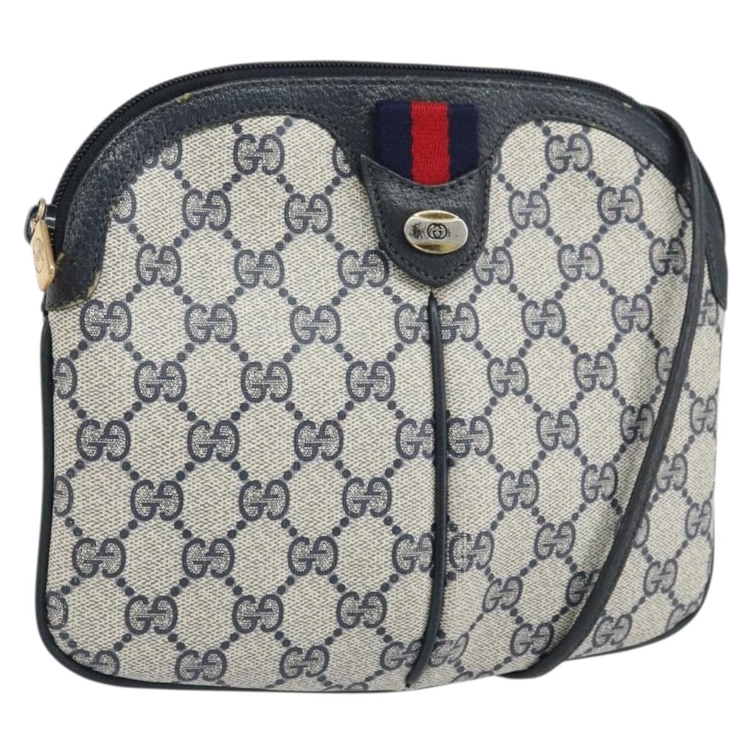 Gucci Sherry Line GG Supreme Navy Shoulder Bag PVC and Leather 904 02 047: Gucci Sherry Line GG Supreme Navy Shoulder Bag PVC and Leather 904 02 047 This GUCCI GG Supreme Sherry Line shoulder bag features a navy and gold color scheme with PVC leather and GG canvas exterior. 