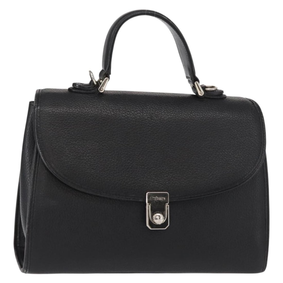 Burberrys Black Leather Hand Bag with Silver Accents: Burberrys Black Leather Hand Bag with Silver Accents This Burberrys hand bag is crafted from high-quality leather in a sleek black and silver color combination. With approximate dimensions of 10.6 inc