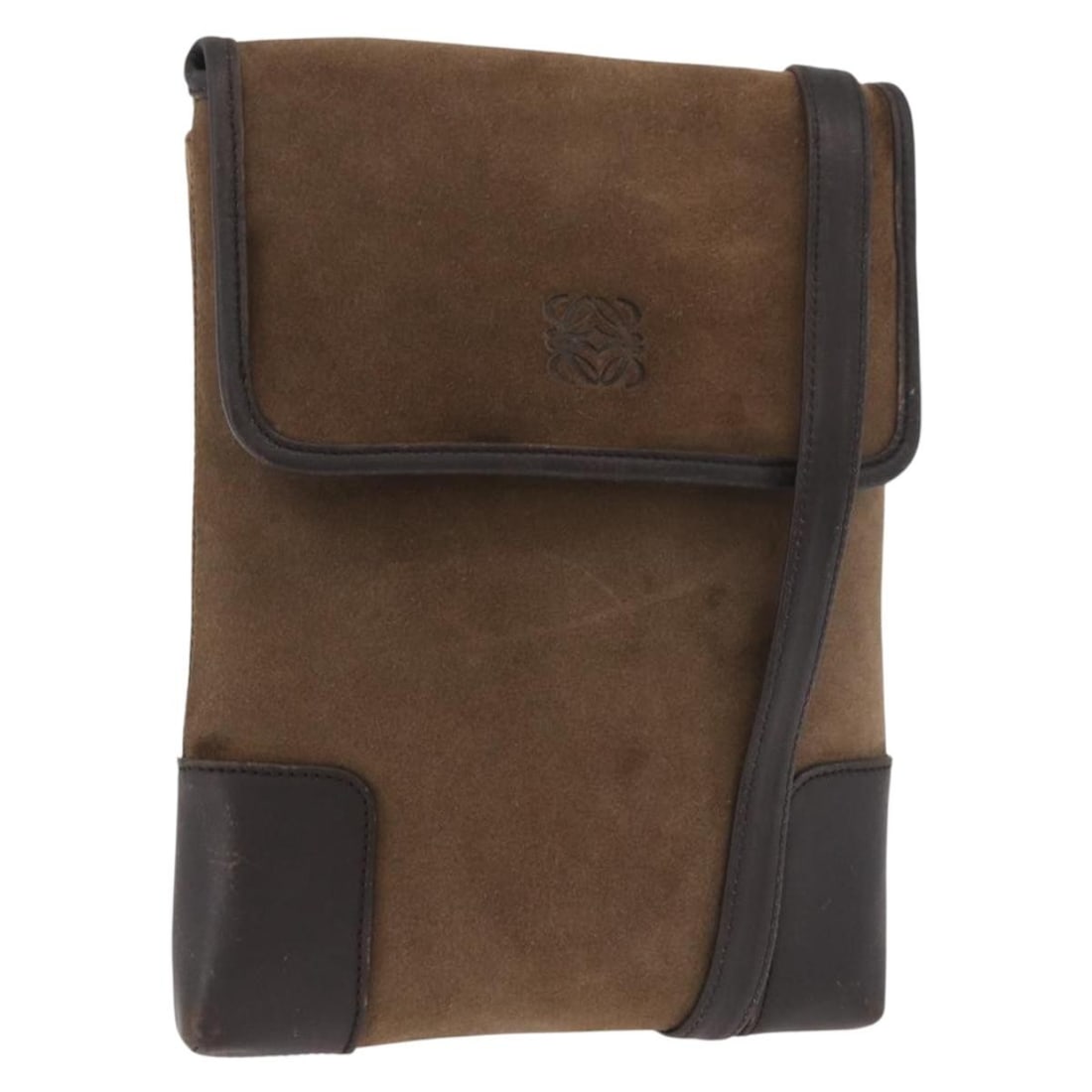 LOEWE Anagram Suede Shoulder Bag Brown Gold Tone Spain: LOEWE Anagram Suede Shoulder Bag Brown Gold Tone Spain A LOEWE Anagram shoulder bag in brown suede with gold-tone metal fittings. Made in Spain, it measures approximately W18 x H23 x D2 cm, with a sho