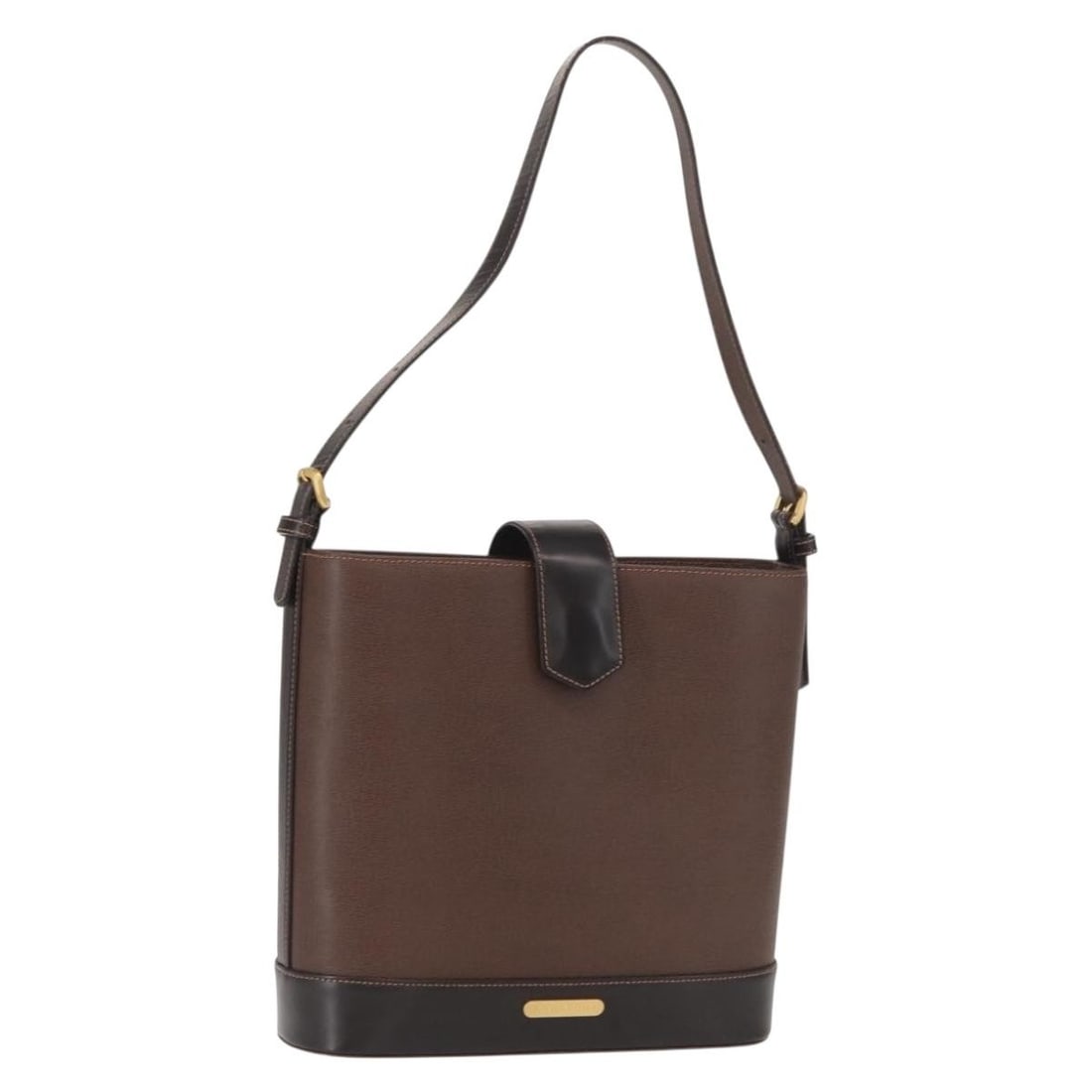 Burberry Brown Leather Shoulder Bag with Gold Accents: Burberry Brown Leather Shoulder Bag with Gold Accents This Burberry shoulder bag features a brown and gold color scheme with leather exterior. The bag includes a spacious interior and an adjustable sh