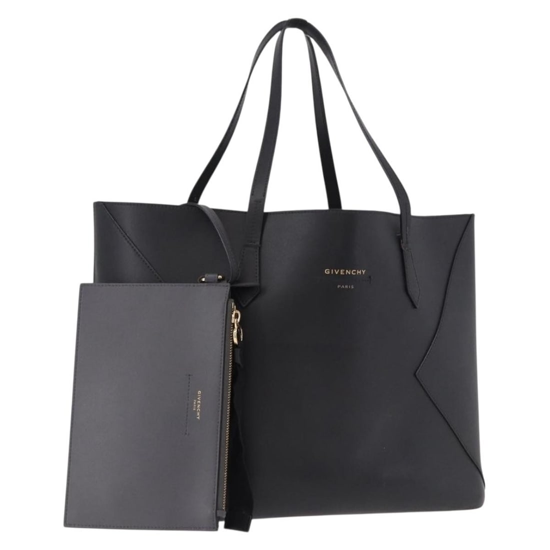 Givenchy Black Leather Tote Bag with Pouch Gold Tone: Givenchy Black Leather Tote Bag with Pouch Gold Tone Black and gold leather tote bag with a pouch accessory. Made in Italy, it measures approximately 35 cm wide x 31 cm high x 17 cm deep, with a handl