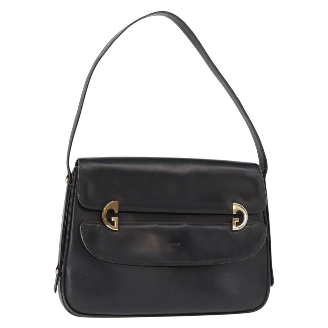 GUCCI Black Leather Shoulder Bag Gold Accents Auth AM9811: GUCCI Black Leather Shoulder Bag Gold Accents Auth AM9811 This elegant GUCCI shoulder bag showcases a chic combination of black leather and gold accents, embodying luxury and style. Crafted in Italy, 