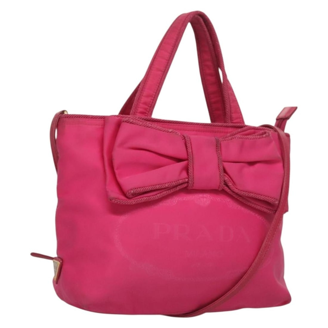Prada Nylon 2way Hand Bag Pink Gold with Shoulder Strap: Prada Nylon 2way Hand Bag Pink Gold with Shoulder Strap Pink and gold Prada hand bag in nylon with a 2-way design and shoulder strap. Made in Italy, this pre-owned bag is listed in heavily used condit