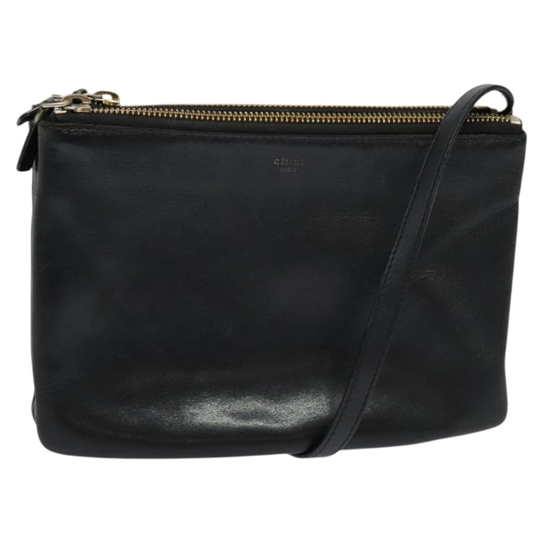 CELINE Trio Black Leather Shoulder Bag Gold Tone Hardware: CELINE Trio Black Leather Shoulder Bag Gold Tone Hardware Black leather shoulder bag in a gold-tone finish, made in Italy. The bag measures approximately W25 cm x H18 cm x D3 cm, with a shoulder drop 