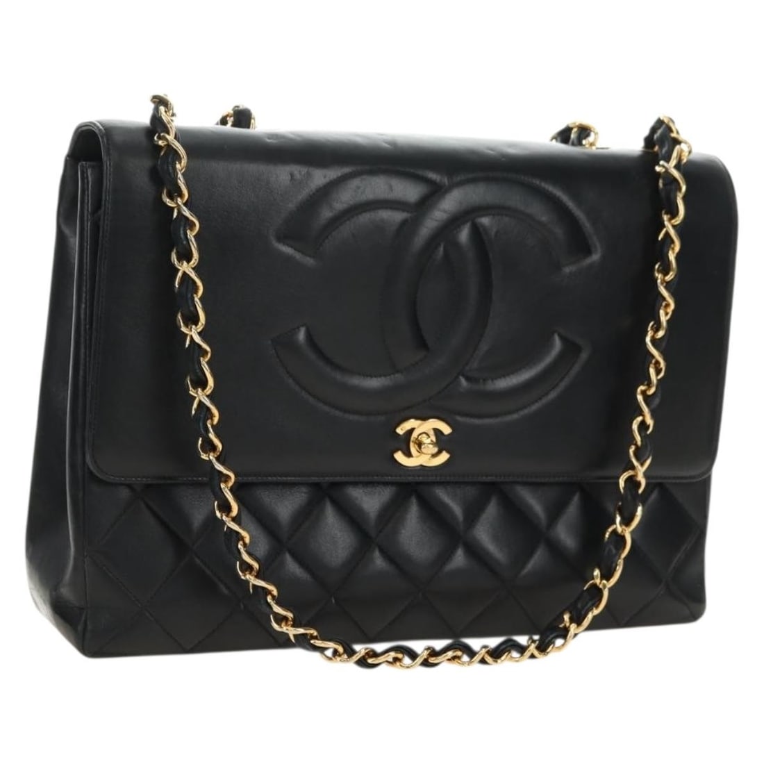 CHANEL Black Lambskin Shoulder Bag with Chain Strap and Box: CHANEL Black Lambskin Shoulder Bag with Chain Strap and Box CHANEL chain shoulder bag in black and gold leather with lamb skin material, made in France. It comes with the original item box and feature