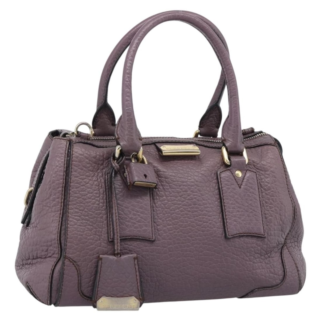 Burberry purple silver leather handbag with padlock and key: Burberry purple silver leather handbag with padlock and key This BURBERRY handbag is crafted from purple leather with silver-tone accents and was made in Romania. The bag features a structured silhoue