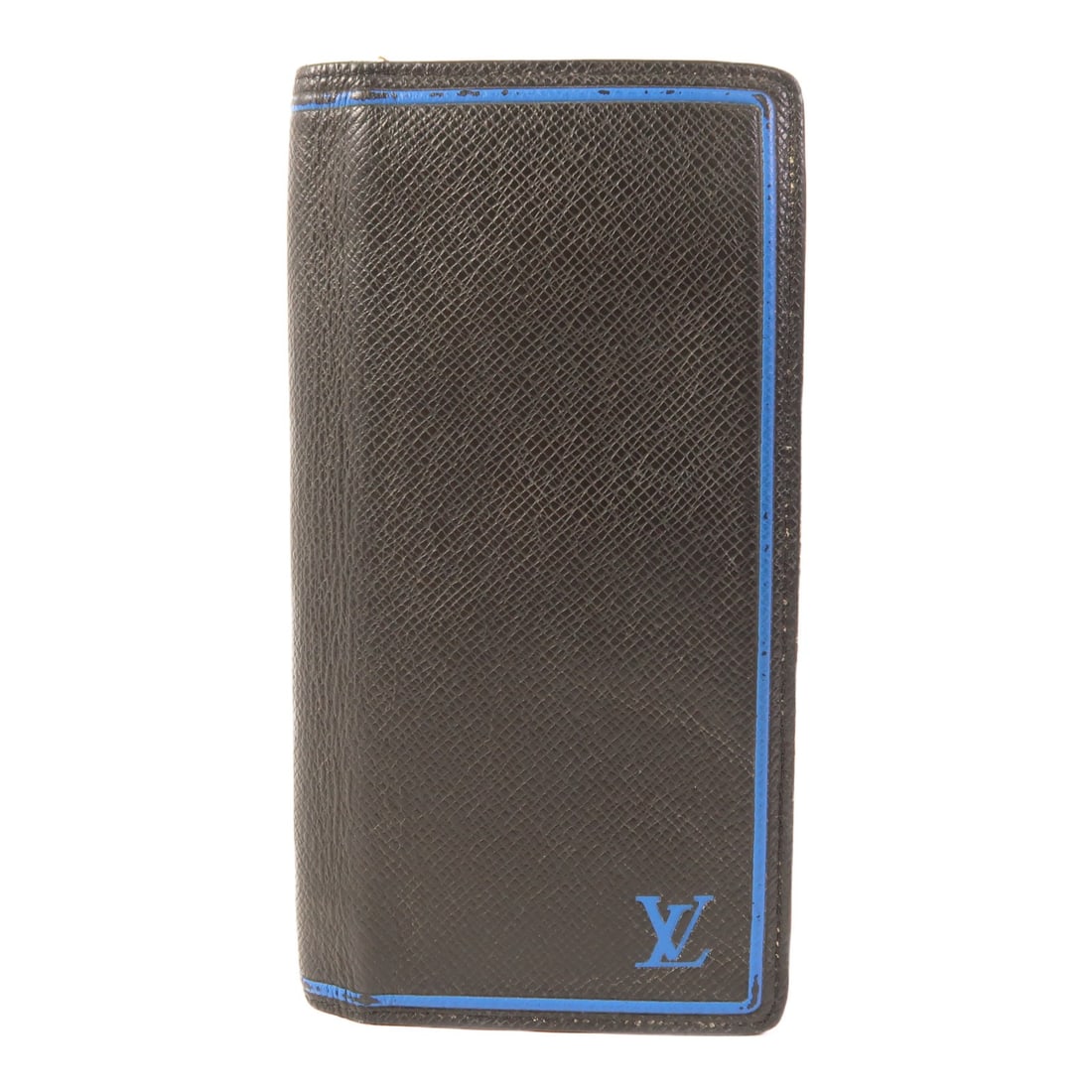 Louis Vuitton bifold long wallet calfskin leather black blue: Louis Vuitton bifold long wallet calfskin leather black blue A Louis Vuitton long bifold wallet made from calfskin (cowhide) leather in black and blue. It features a flap closure, five open pockets, o