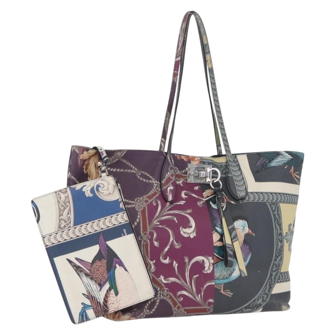 Leather tote bag with pouch Salvatore Ferragamo Gancini multicolor silver: Leather tote bag with pouch Salvatore Ferragamo Gancini multicolor silver Salvatore Ferragamo Gancini tote bag in leather with a multicolor and silver color scheme. It comes with a pouch and was made 