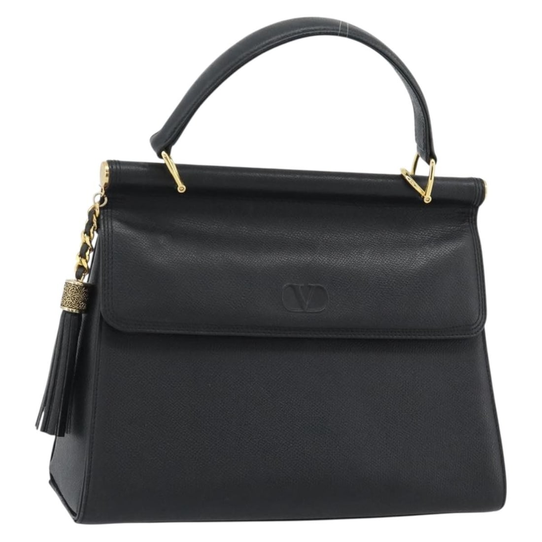 Valentino Black Leather Handbag Gold Tone Hardware: Valentino Black Leather Handbag Gold Tone Hardware Valentino black and gold leather handbag in heavily used condition. The bag has a handle drop of approximately 9 cm and measures approximately 27 cm 