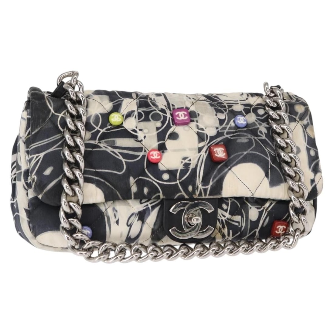 CHANEL Matelasse 25 Satin Shoulder Bag Black Silver CC: CHANEL Matelasse 25 Satin Shoulder Bag Black Silver CC CHANEL Matelasse 25 Chain Shoulder Bag in black satin with silver-tone exterior details. Made in Italy, this women's shoulder bag measures approx