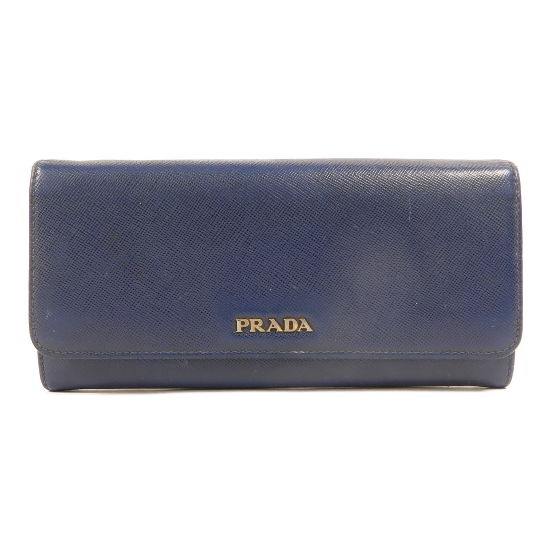 PRADA Double Sided Long Wallet Blue Saffiano Leather GHW: PRADA Double Sided Long Wallet Blue Saffiano Leather GHW Double sided long wallet in blue Saffiano leather, designed for women. It features a hook button closure, two open compartments, 10 card slots,