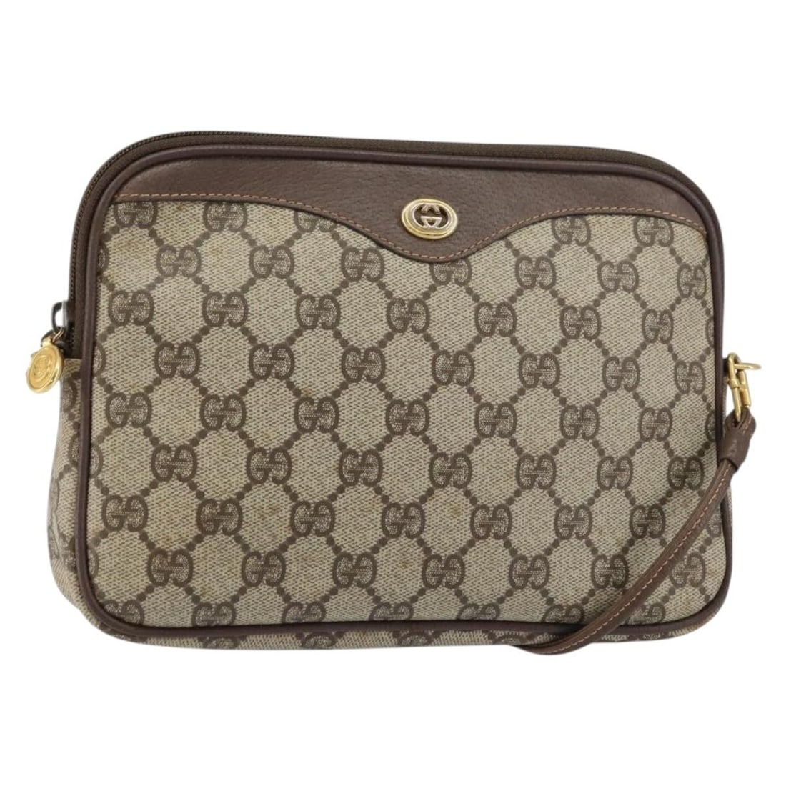 Gucci 97 02 068 GG Supreme PVC Leather Shoulder Bag Beige Gold: Gucci 97 02 068 GG Supreme PVC Leather Shoulder Bag Beige Gold A Gucci shoulder bag in beige and gold, made from PVC leather and GG canvas. It features a shoulder strap with an approximate drop of 51 