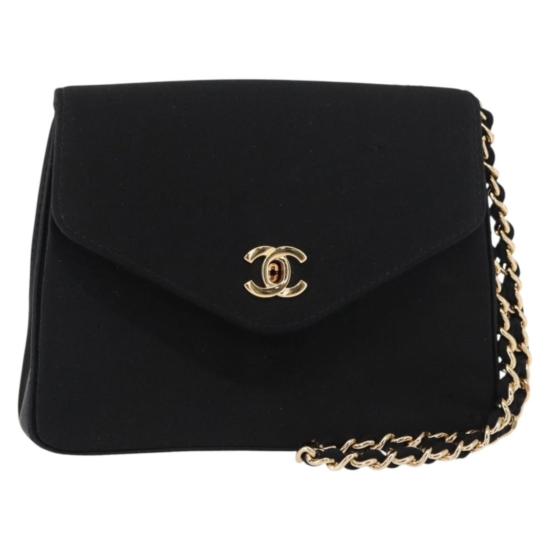 CHANEL Satin CC Pouch Black and Gold Italy: CHANEL Satin CC Pouch Black and Gold Italy CHANEL satin pouch in black and gold, made in Italy. It measures approximately 16 cm wide, 12 cm high, and 4 cm deep. The listing notes heavy use and include