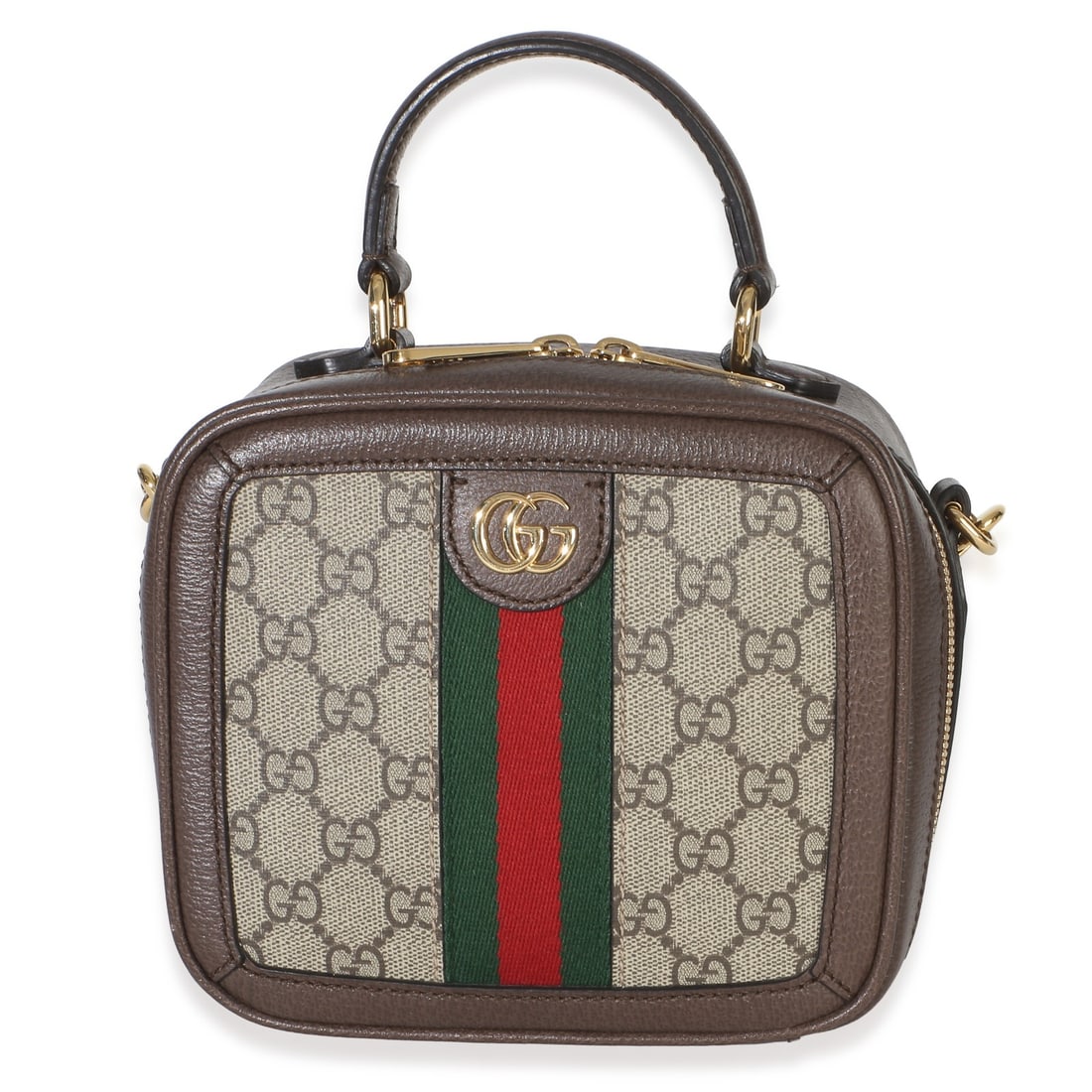 Gucci Ophidia Mini Top Handle Shoulder Bag GG Supreme Canvas: Gucci Ophidia Mini Top Handle Shoulder Bag GG Supreme Canvas A pre-owned mini top handle shoulder bag from Gucci, crafted in canvas with a brown exterior and beige lining. It features a zip-around clo