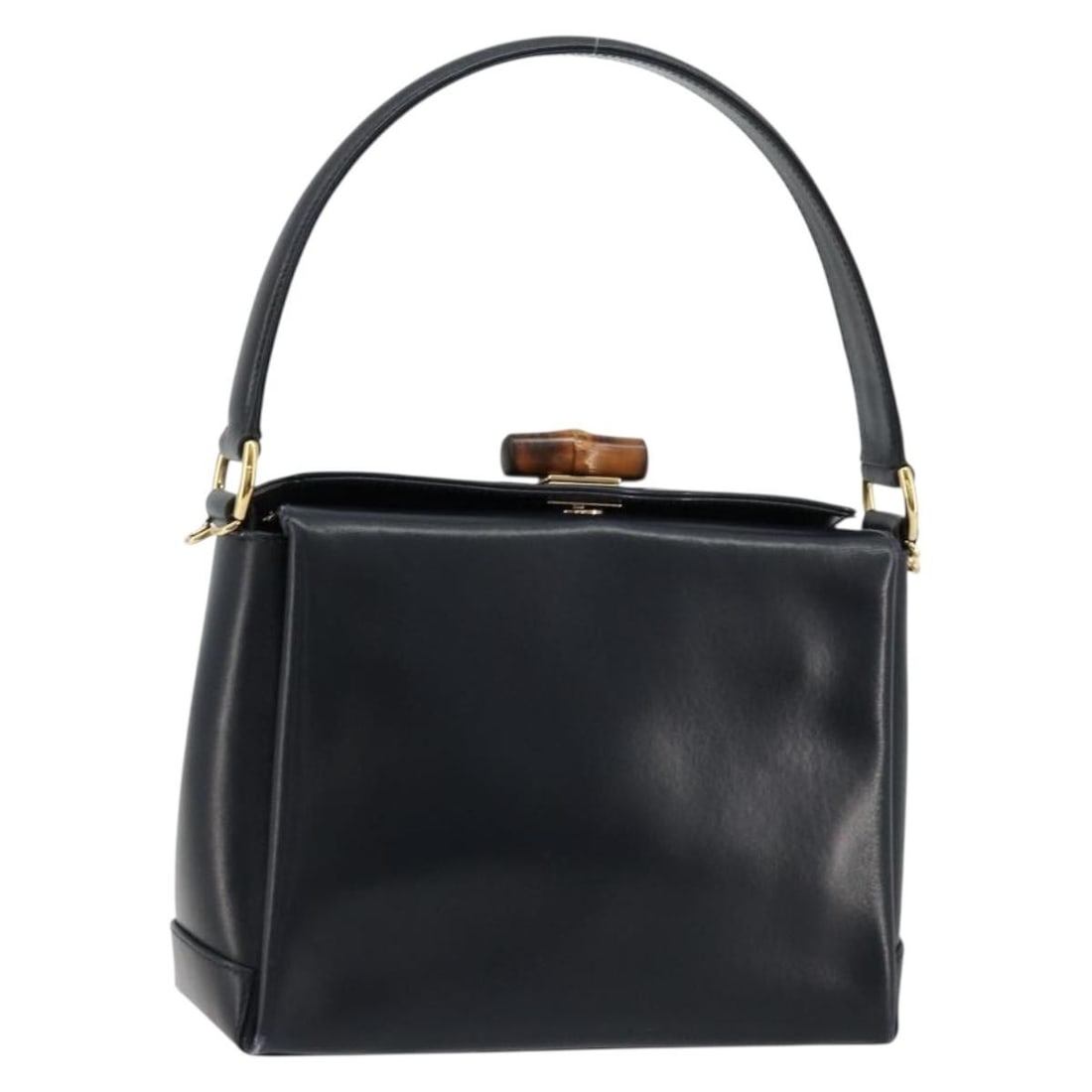 Gucci Bamboo leather navy gold handbag Italy: Gucci Bamboo leather navy gold handbag Italy This GUCCI Bamboo hand bag is crafted from navy leather with gold-tone accents, featuring the iconic bamboo handle. Made in Italy, the bag offers a compact