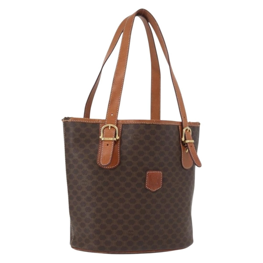 CELINE Macadam Canvas PVC Leather Tote Brown Gold Italy: CELINE Macadam Canvas PVC Leather Tote Brown Gold Italy This CELINE Macadam Canvas tote bag features a classic brown and gold color scheme with PVC leather and Macadam canvas construction. Designed fo