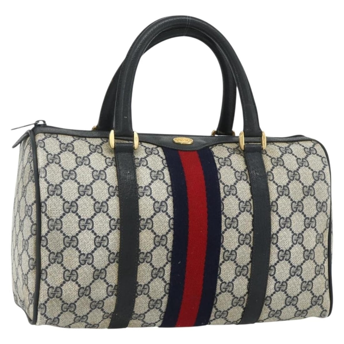Gucci Sherry Line GG Supreme PVC Leather Handbag Navy Gold: Gucci Sherry Line GG Supreme PVC Leather Handbag Navy Gold A Gucci Sherry Line handbag in navy and gold, made from PVC leather and GG canvas. This pre-owned hand bag was made in Italy and features a h