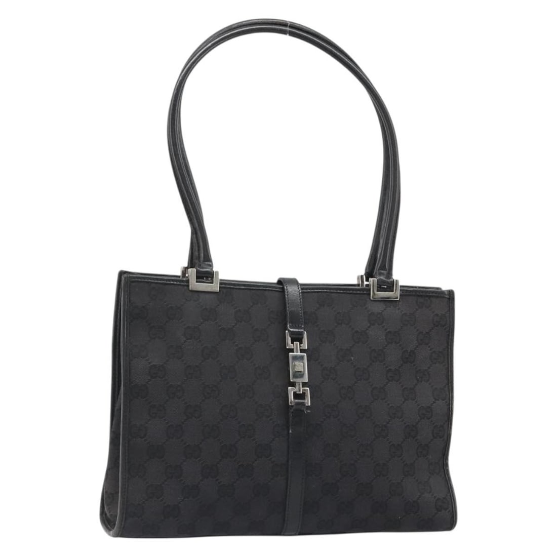 Gucci Jackie Tote Bag in Black GG Canvas Silver Tone 002 1073: Gucci Jackie Tote Bag in Black GG Canvas Silver Tone 002 1073 Gucci GG Canvas Jackie Tote Bag in black and silver, made in Italy. This women's tote bag is crafted from GG Canvas and features a handle 