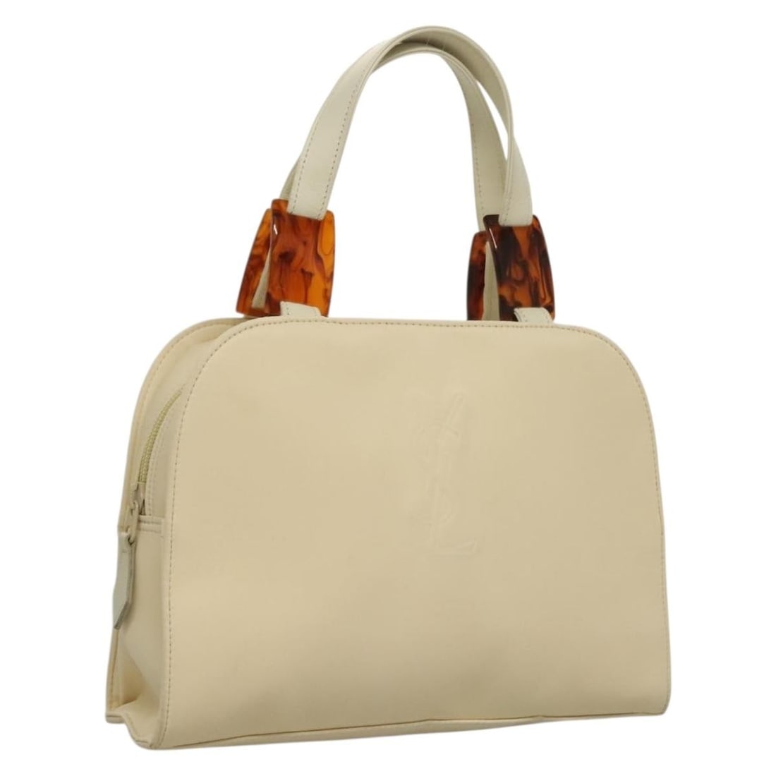 SAINT LAURENT Cream Leather Hand Bag with 5.5 Inch Handle Drop: SAINT LAURENT Cream Leather Hand Bag with 5.5 Inch Handle Drop This elegant cream hand bag by SAINT LAURENT showcases a sleek leather exterior, perfect for adding a touch of sophistication to your ens