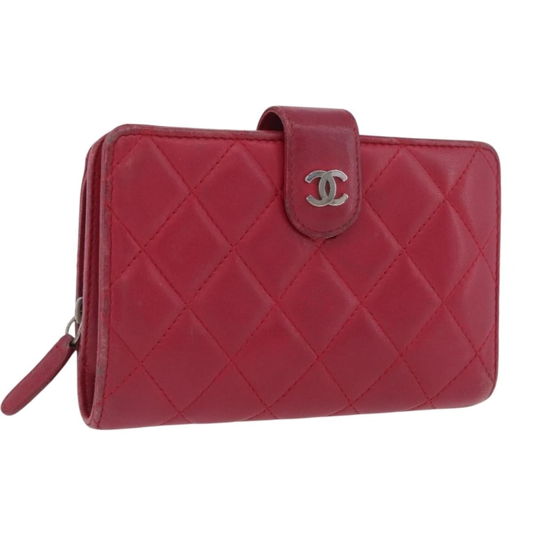 CHANEL Matelasse Lamb Skin Bifold Wallet Red Silver Tone CC: CHANEL Matelasse Lamb Skin Bifold Wallet Red Silver Tone CC A Chanel bifold wallet crafted from lamb skin in red with silver-tone accents. Made in Italy, it measures approximately W15 cm x H10 cm x D2