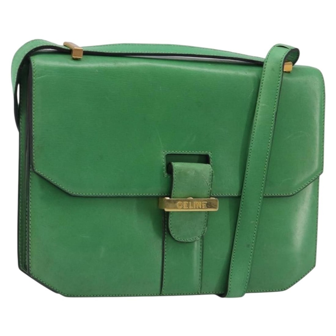 CELINE Green Leather Shoulder Bag Gold Tone Hardware: CELINE Green Leather Shoulder Bag Gold Tone Hardware A CELINE leather shoulder bag in green with gold-tone hardware. Made in Italy, this bag measures approximately 26 cm wide, 19 cm high, and 3 cm dee