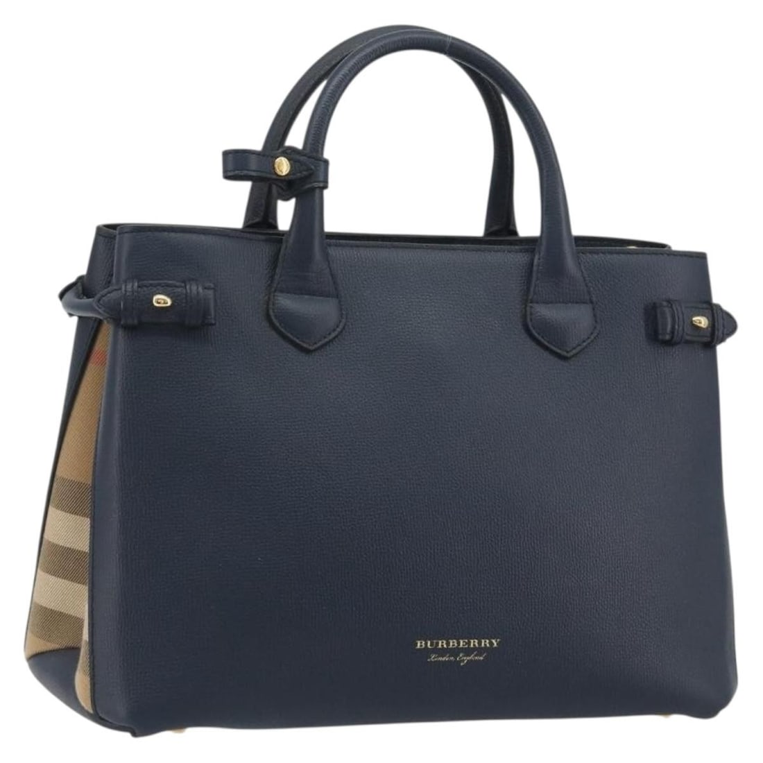 Burberry Leather Handbag Navy Beige Made in Italy: Burberry Leather Handbag Navy Beige Made in Italy Burberry leather hand bag in navy and beige, made in Italy. The bag measures approximately W34 cm x H25 cm x D15 cm, with a handle drop of approximate