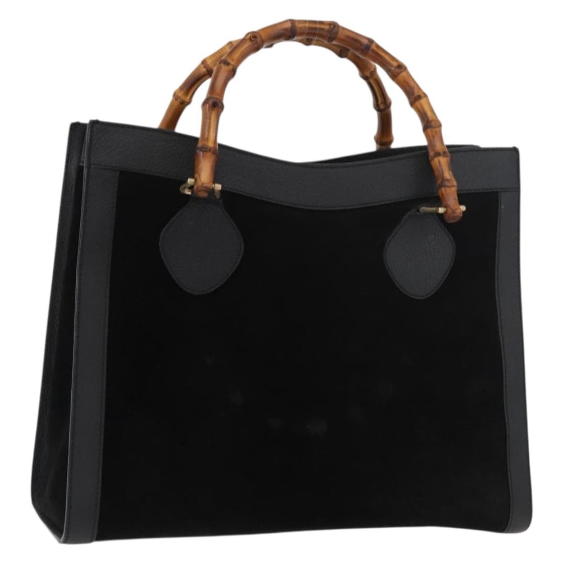 Gucci Bamboo black suede handbag Italy 002 1186 0260: Gucci Bamboo black suede handbag Italy 002 1186 0260 This GUCCI Bamboo handbag is crafted from black suede with gold-tone accents, featuring a distinctive bamboo handle. Made in Italy, the bag measure