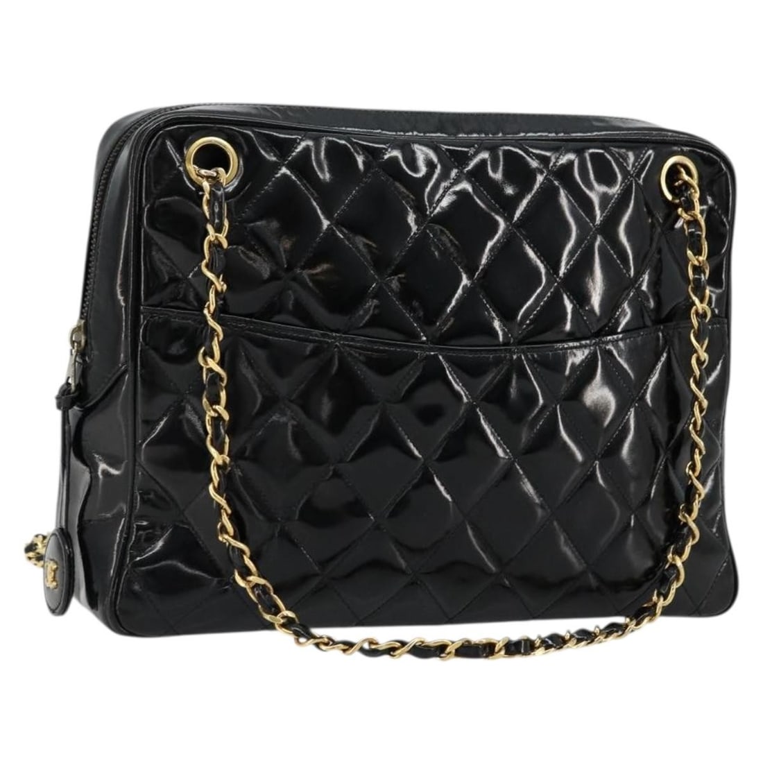 CHANEL Black Gold Patent Leather Matelasse Shoulder Bag Auth: CHANEL Black Gold Patent Leather Matelasse Shoulder Bag Auth This CHANEL Matelasse chain shoulder bag is crafted from black patent leather with gold-tone accents. Designed for women, the bag features 
