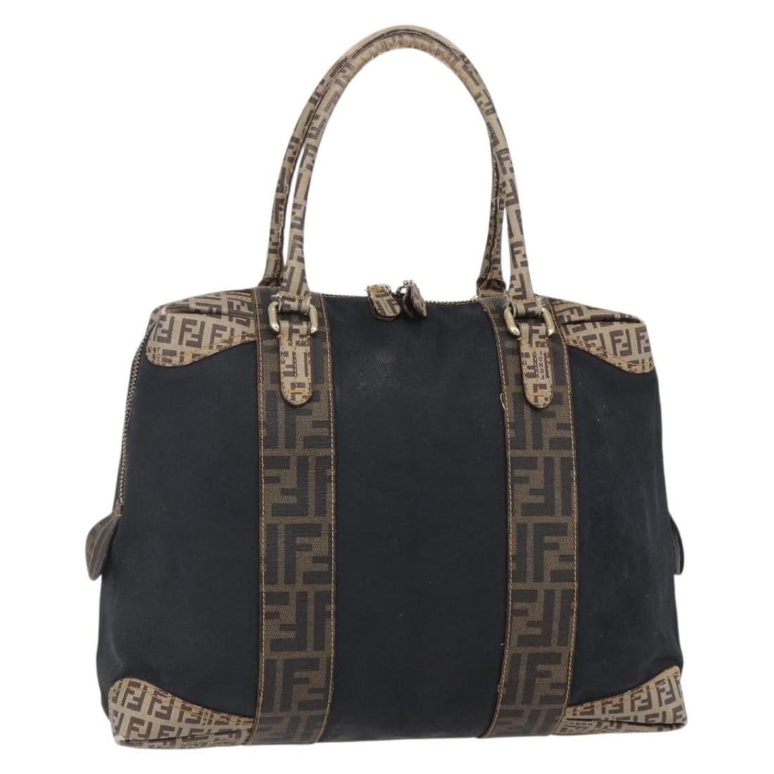 FENDI Zucca Canvas Hand Bag Black Brown Made in Italy Auth: FENDI Zucca Canvas Hand Bag Black Brown Made in Italy Auth This Fendi Zucca Canvas Hand Bag features a stylish blend of black and brown exterior, crafted from durable Zucca canvas. Measuring approxima