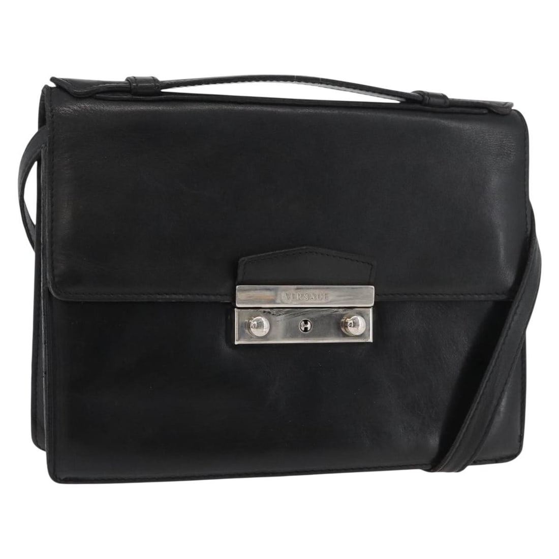 Versace black silver leather shoulder bag women Italy: Versace black silver leather shoulder bag women Italy This VERSACE shoulder bag features black leather with silver-tone accents, offering a sophisticated look. Designed for women, it includes an adjus