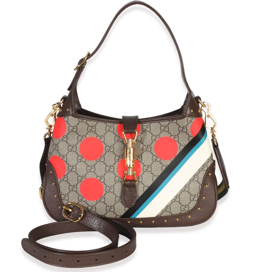 Gucci Geometric Small Jackie 1961 Canvas Shoulder Bag: Gucci Geometric Small Jackie 1961 Canvas Shoulder Bag This Gucci Geometric Small Jackie 1961 shoulder bag features the iconic beige GG Supreme monogram canvas with geometric stud accents and web detai