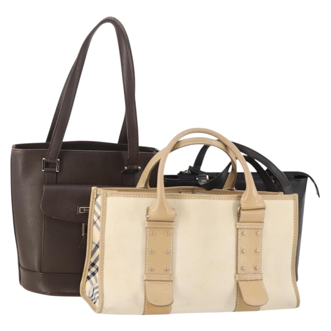 3 Burberry Blue Label leather handbags black brown white: 3 Burberry Blue Label leather handbags black brown white Burberry Blue Label hand bag leather canvas 3-piece set in black, brown, and white. This is a special set sale, and the condition details apply