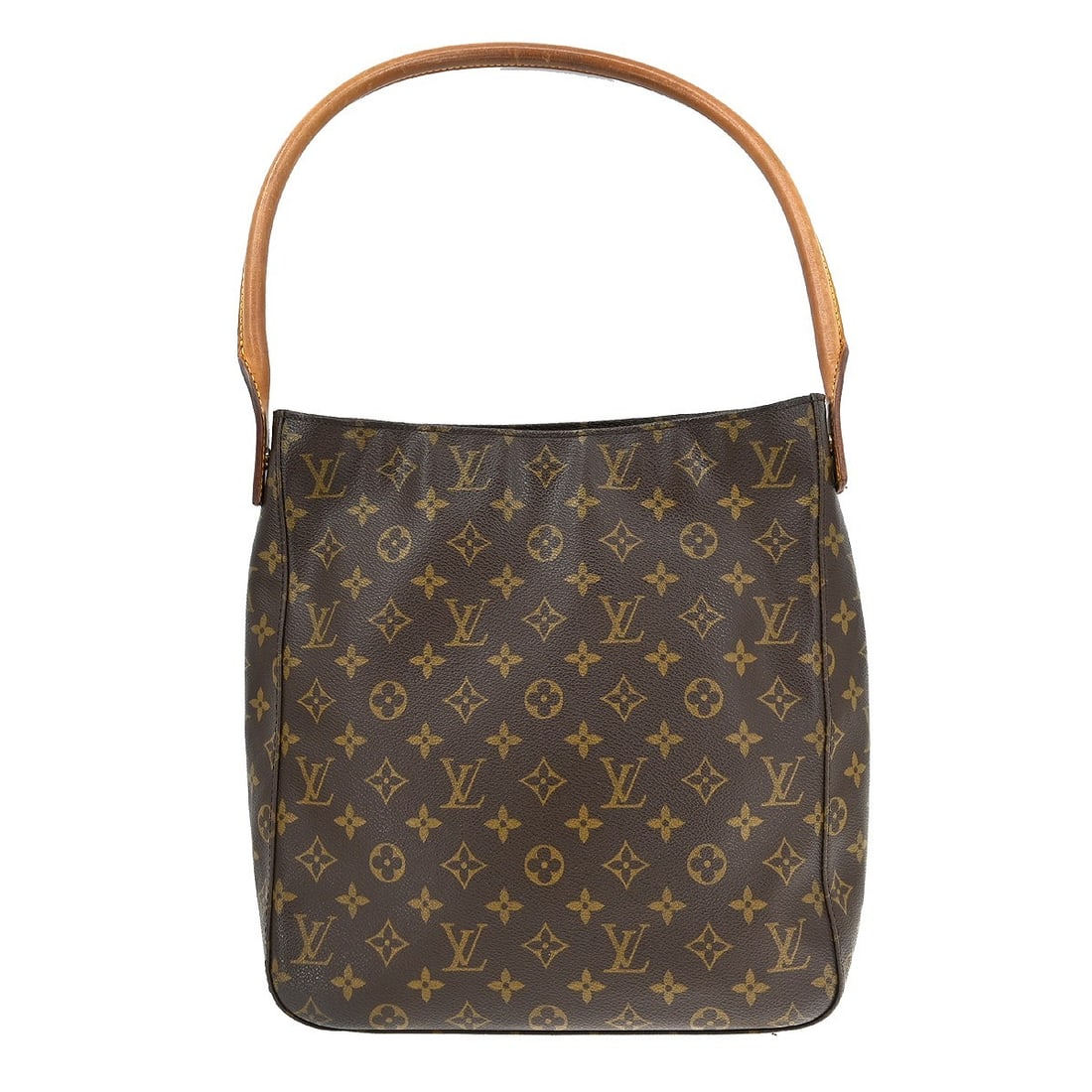 Louis Vuitton Looping GM Monogram Shoulder Bag M51145 France: Louis Vuitton Looping GM Monogram Shoulder Bag M51145 France Vintage Louis Vuitton Looping GM shoulder bag in brown Monogram canvas with leather trim and a beige leather shoulder strap. Made in France