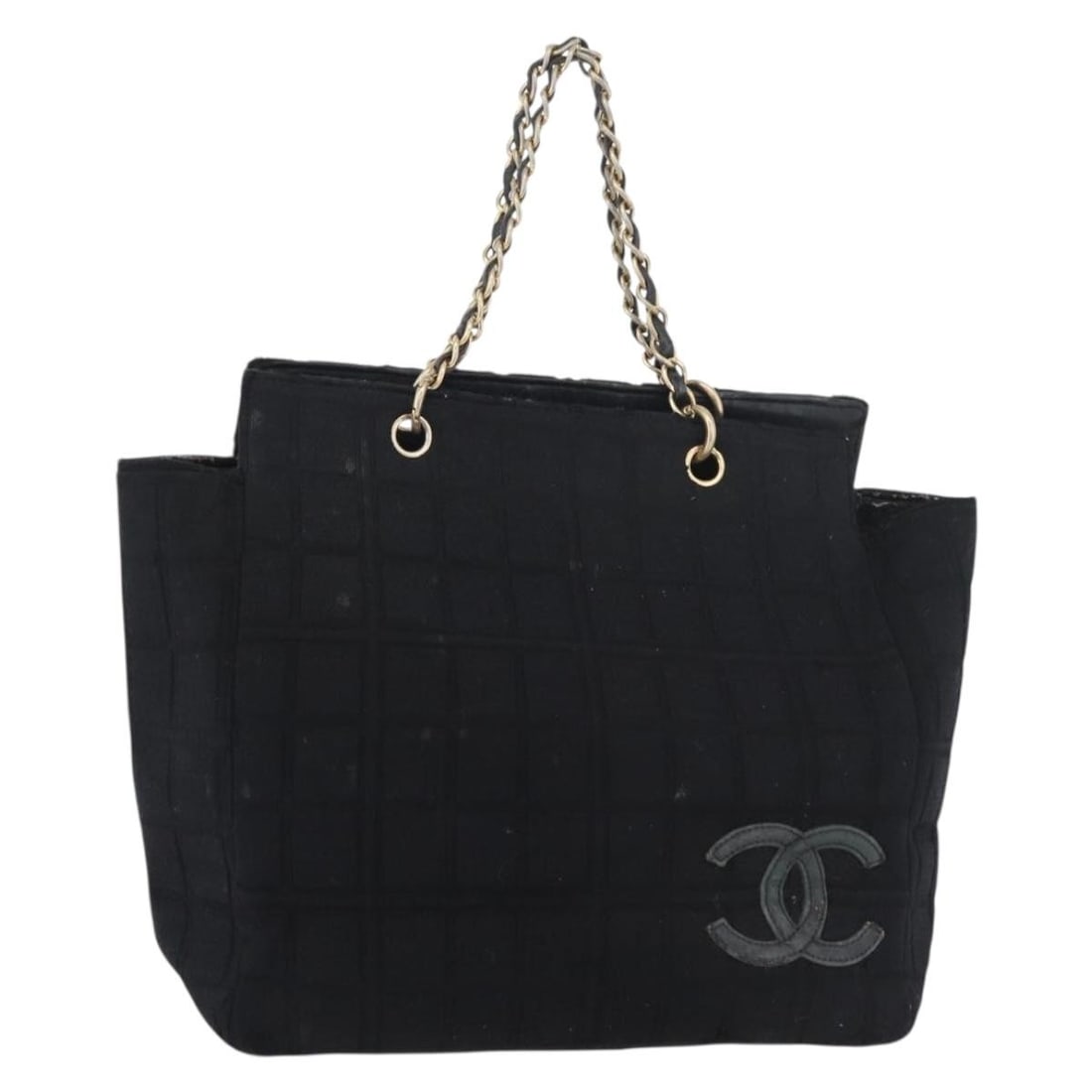 CHANEL Black Cotton Chain Hand Bag with Gold CC: CHANEL Black Cotton Chain Hand Bag with Gold CC CHANEL chain hand bag in black and gold cotton, made in Italy. This women's handbag measures approximately 25 cm W x 30 cm H x 13 cm D, with a handle dr
