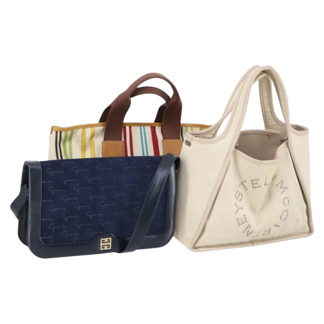 Stella MacCartney Navy Beige Canvas Hand Bag Set of 3 Auth BA6093: Stella MacCartney Navy Beige Canvas Hand Bag Set of 3 Auth BA6093 This Stella MacCartney bag set features a stylish combination of navy and beige canvas, perfect for adding a touch of sophistication t