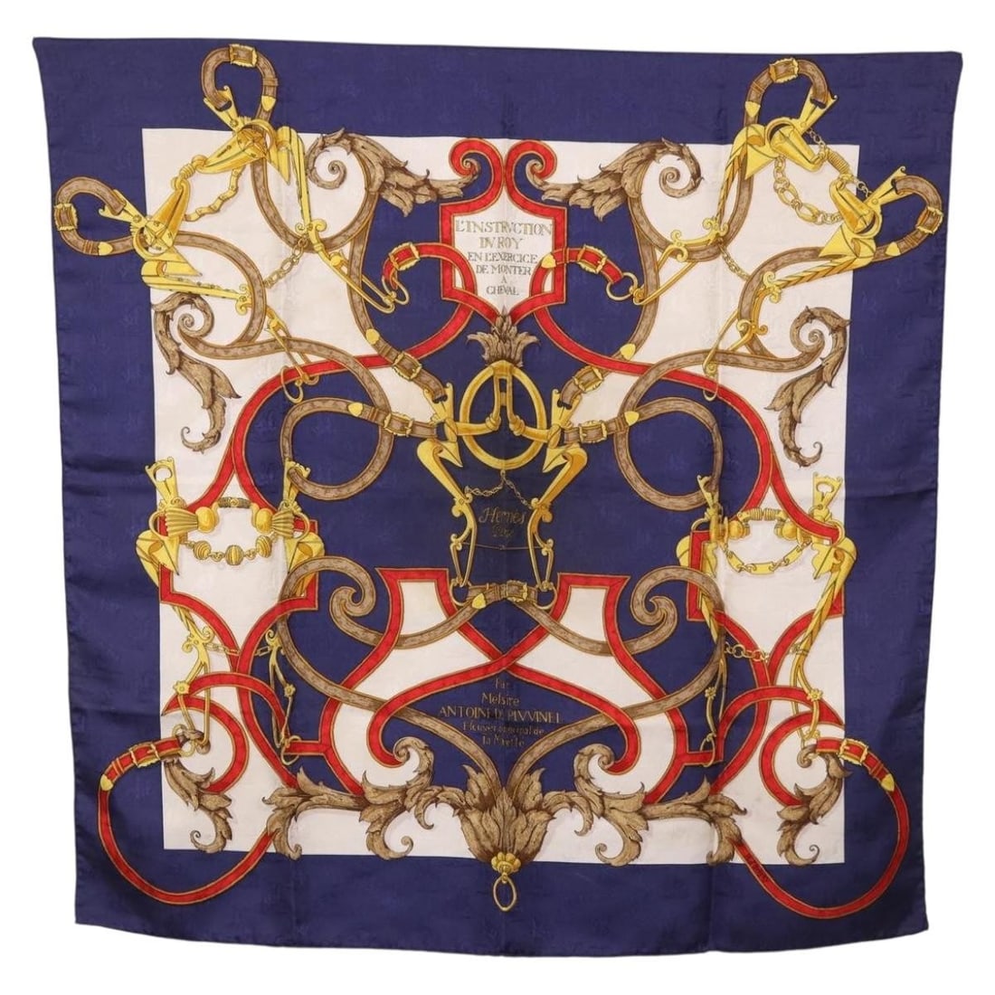 Hermes L'INSTRVCTION DV ROY navy silk carre 90 scarf: Hermes L'INSTRVCTION DV ROY navy silk carre 90 scarf This Hermes Carre 90 "L'INSTRVCTION DV ROY" scarf is crafted from silk in a navy color. Made in France, it measures approximately 90 cm by 90 cm (3