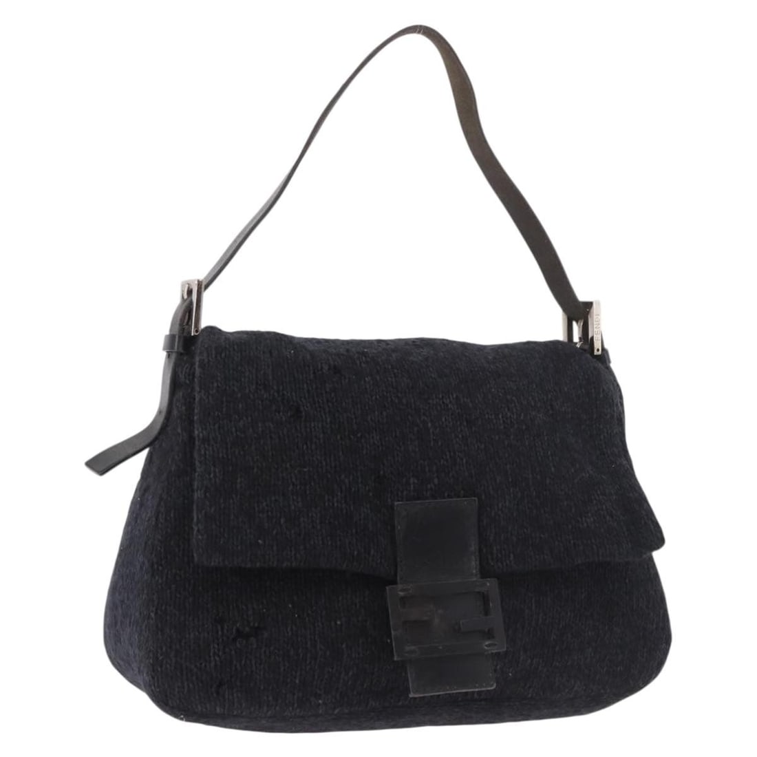 FENDI Mamma Baguette wool shoulder bag navy silver tone: FENDI Mamma Baguette wool shoulder bag navy silver tone Fendi Mamma Baguette shoulder bag in navy and silver wool, made in Italy. This women's shoulder bag features a compact silhouette with a shoulde