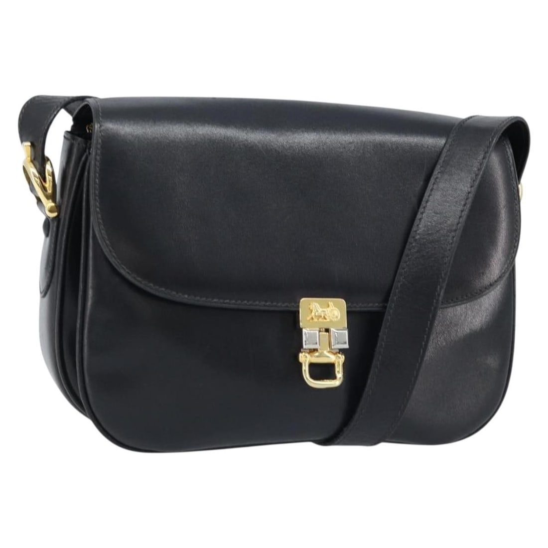 CELINE Horse Carriage Leather Shoulder Bag Black Gold Tone: CELINE Horse Carriage Leather Shoulder Bag Black Gold Tone CELINE shoulder bag in black and gold leather, made in Italy. This women's bag features a shoulder strap with an approximate drop of 11.8-13.