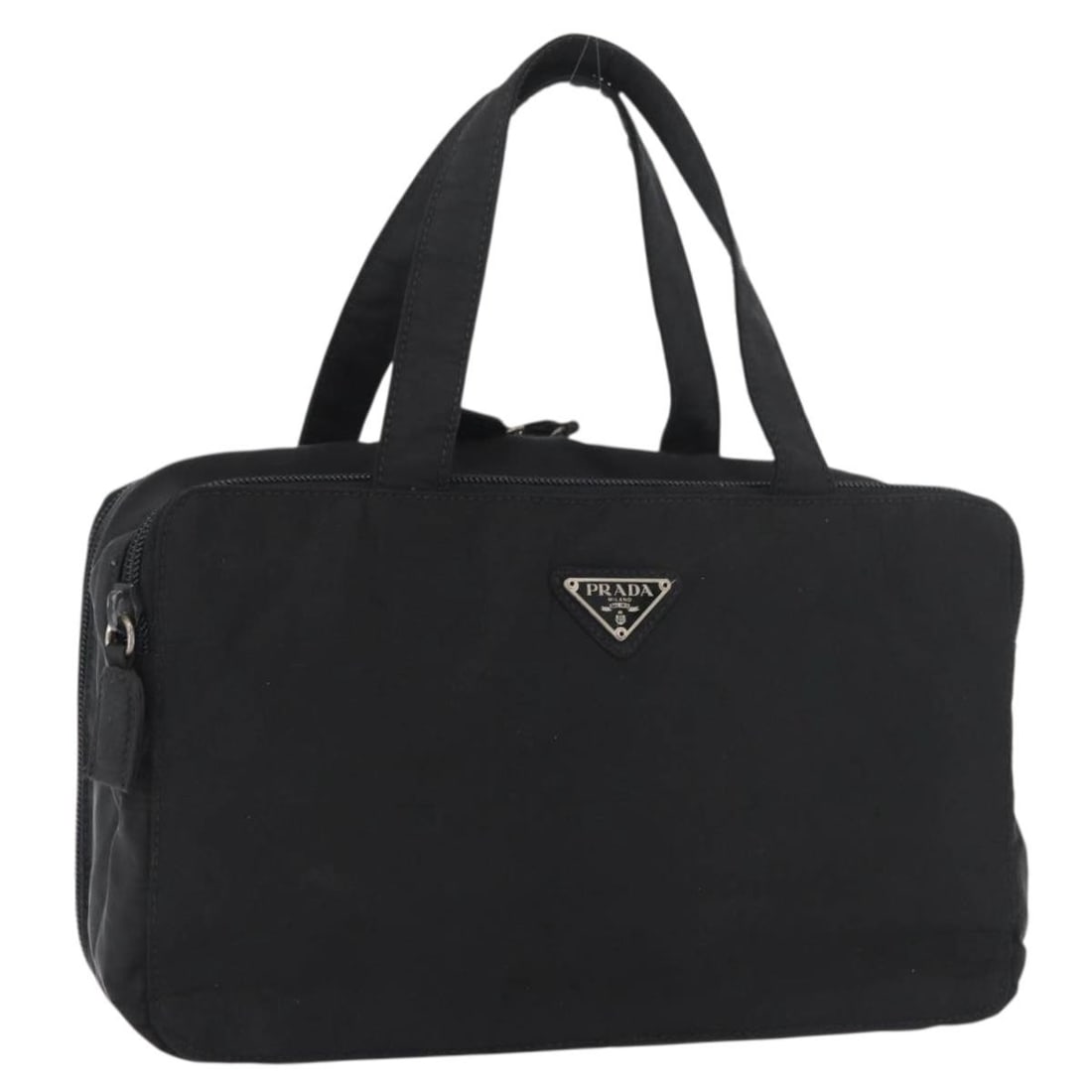 Prada Black Nylon Hand Bag Silver Tone Made in Italy: Prada Black Nylon Hand Bag Silver Tone Made in Italy This Prada hand bag is made of black nylon with silver-tone hardware and was made in Italy. It measures approximately W20-26 cm x H16 cm x D7 cm, w