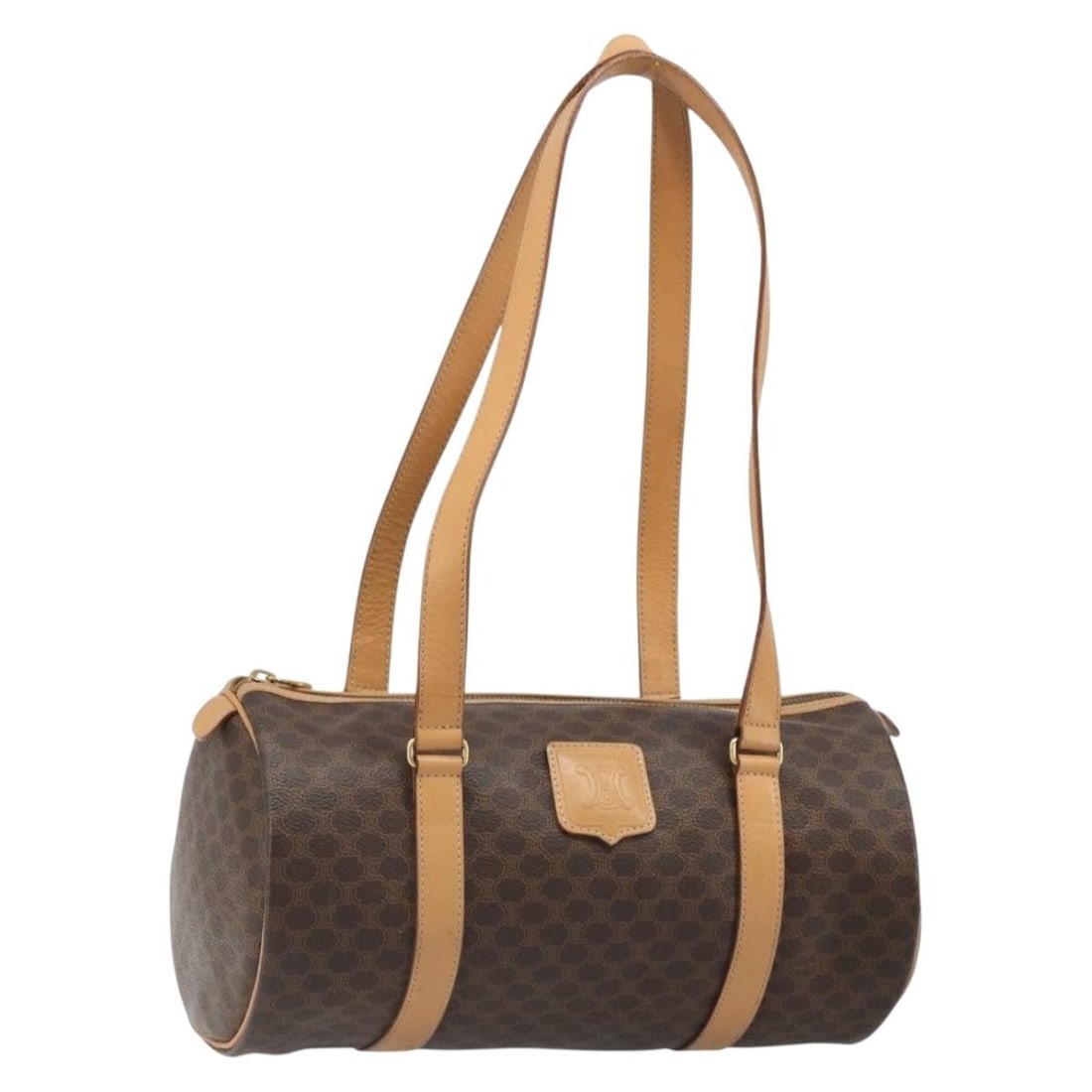 CELINE Macadam Canvas PVC Leather Shoulder Bag Brown Gold: CELINE Macadam Canvas PVC Leather Shoulder Bag Brown Gold Celine Macadam canvas shoulder bag in brown with gold-tone accents, crafted with PVC leather trim and made in Italy. This women's shoulder bag
