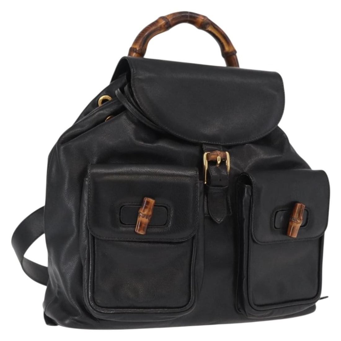 Gucci Bamboo Black Leather Backpack with Gold Details 148533: Gucci Bamboo Black Leather Backpack with Gold Details 148533 This GUCCI Bamboo Backpack features black leather with gold-tone accents, crafted in Italy. The bag shows considerable signs of use, includ