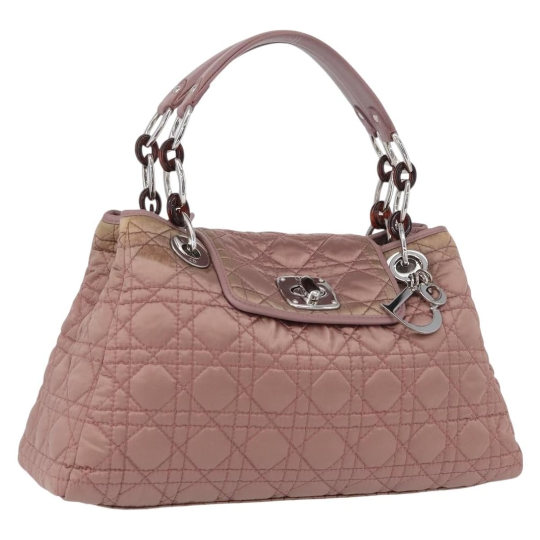 Christian Dior Cannage Nylon Handbag Pink Silver with Dust Bag Charm: Christian Dior Cannage Nylon Handbag Pink Silver with Dust Bag Charm Christian Dior Cannage handbag in pink and silver nylon with a structured silhouette and included dust bag, guarantee card, and cha