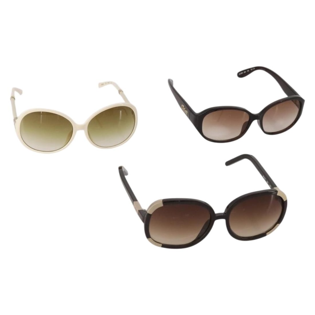 Chloe plastic sunglasses set of 3 brown white with box case: Chloe plastic sunglasses set of 3 brown white with box case A Chloe plastic sunglasses set in brown and white, offered as a special set sale. The set includes the item box and sunglass case. Condition